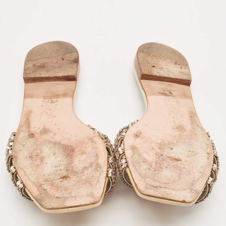 Pre Owned Gina Cream/Grey Croc Embossed Patent Leather Dakota Slide Flats Size 38