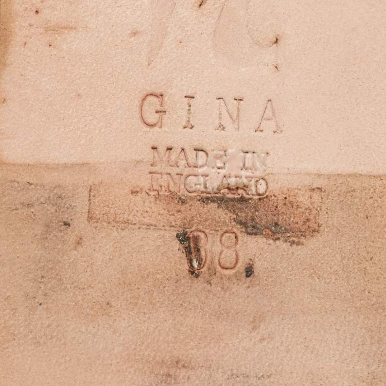 Pre Owned Gina Cream/Grey Croc Embossed Patent Leather Dakota Slide Flats Size 38