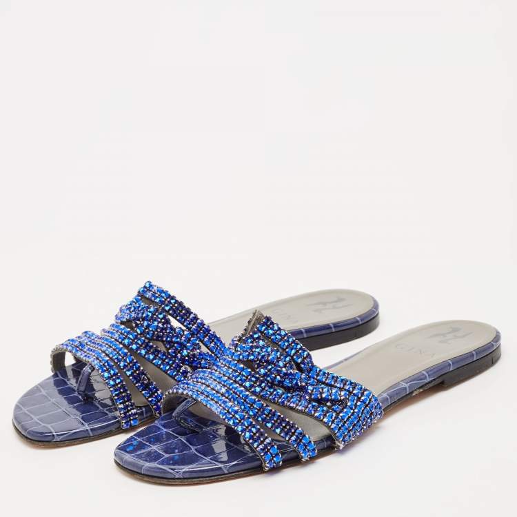 Pre Owned Gina Silver Croc Embossed Leather Crystals Flat Slides Size 38