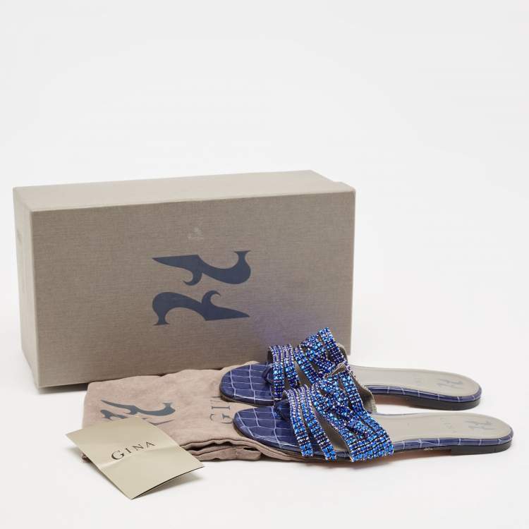 Pre Owned Gina Silver Croc Embossed Leather Crystals Flat Slides Size 38