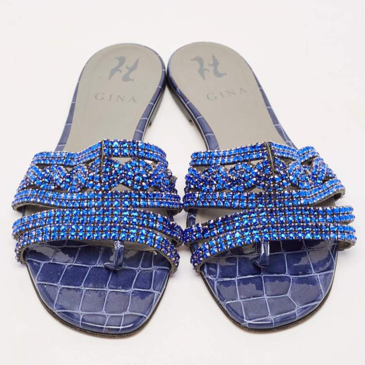 Pre Owned Gina Silver Croc Embossed Leather Crystals Flat Slides Size 38