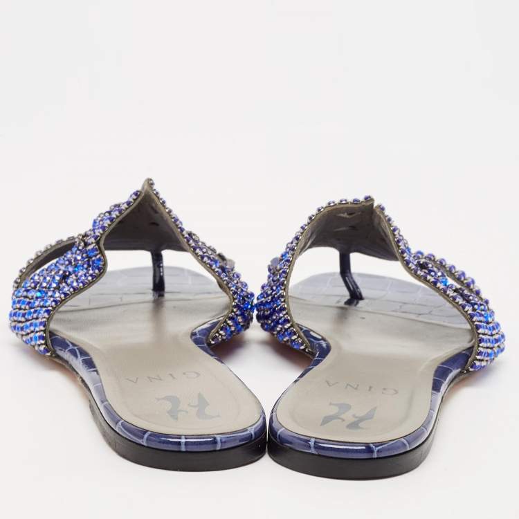 Pre Owned Gina Silver Croc Embossed Leather Crystals Flat Slides Size 38