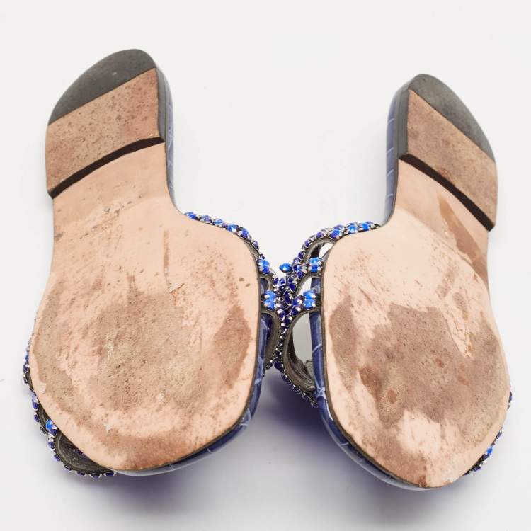 Pre Owned Gina Silver Croc Embossed Leather Crystals Flat Slides Size 38