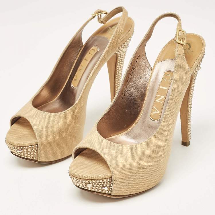Pre Owned Gina Brown Canvas Crystal Embellished Slingback Pumps Size 37