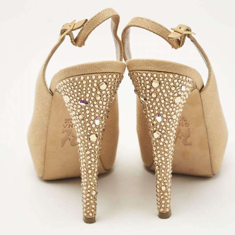 Pre Owned Gina Brown Canvas Crystal Embellished Slingback Pumps Size 37
