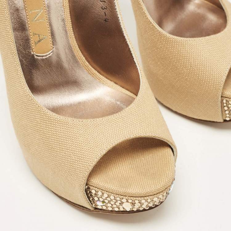 Pre Owned Gina Brown Canvas Crystal Embellished Slingback Pumps Size 37