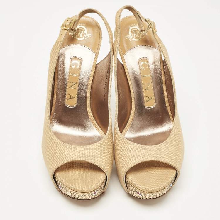 Pre Owned Gina Brown Canvas Crystal Embellished Slingback Pumps Size 37