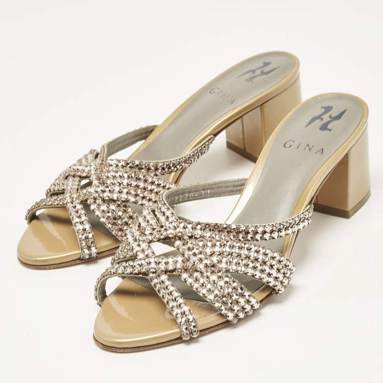 Pre Owned Gina Gold/BrownCrystal Embellished Leather Slide Sandals Size 37