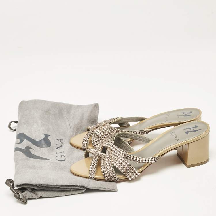 Pre Owned Gina Gold/BrownCrystal Embellished Leather Slide Sandals Size 37