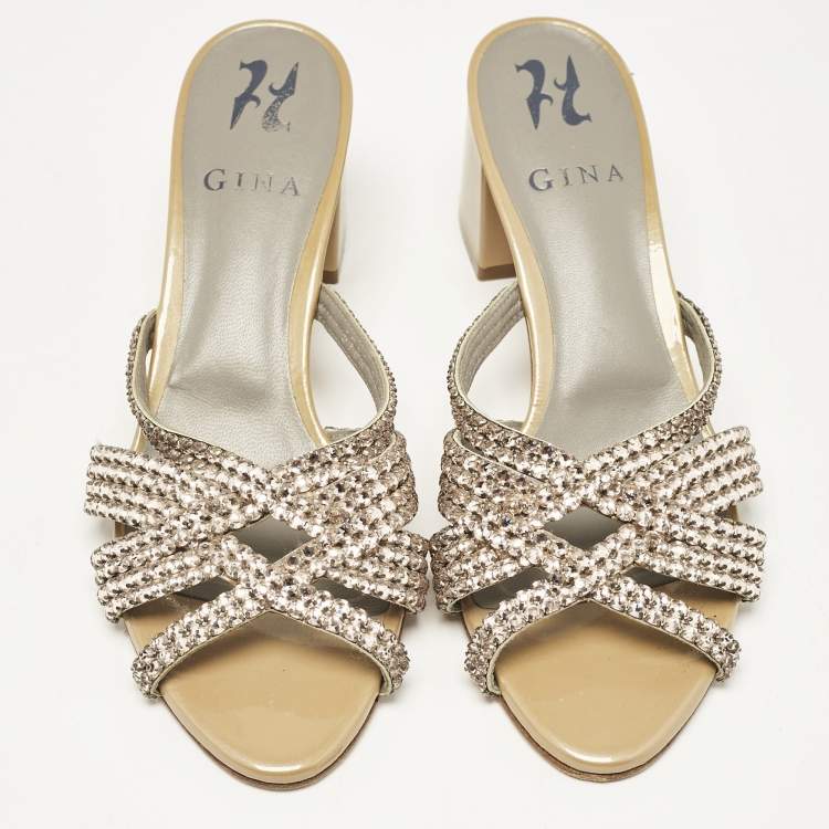 Pre Owned Gina Gold/BrownCrystal Embellished Leather Slide Sandals Size 37