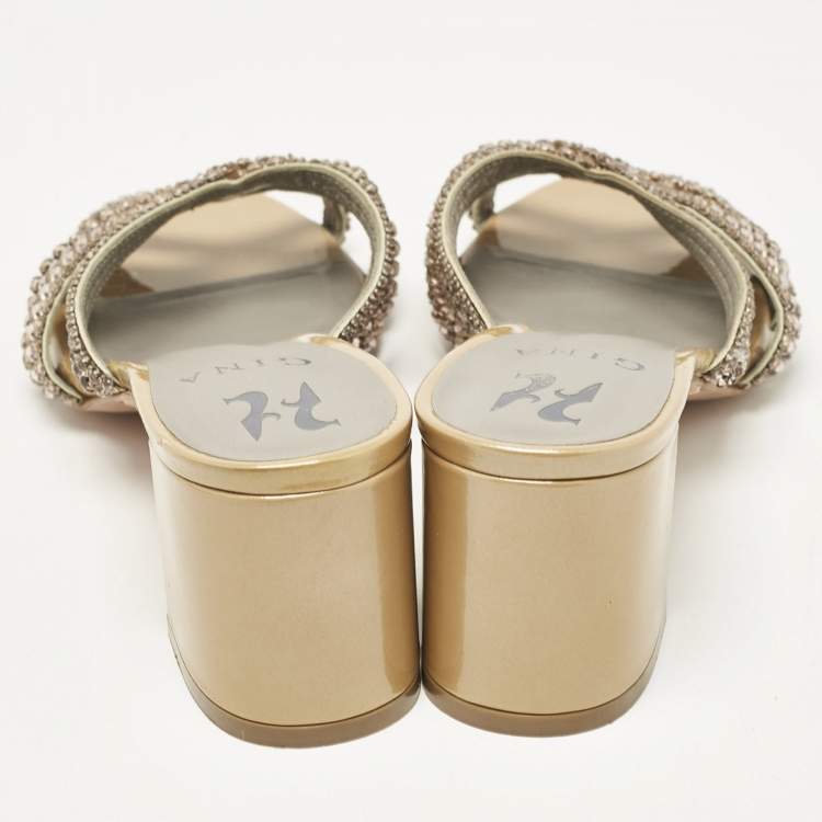 Pre Owned Gina Gold/BrownCrystal Embellished Leather Slide Sandals Size 37