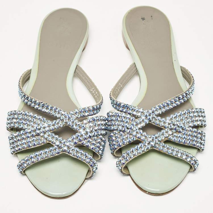 Pre Owned Gina Blue Patent Leather Crystals Flat Slides Size 38