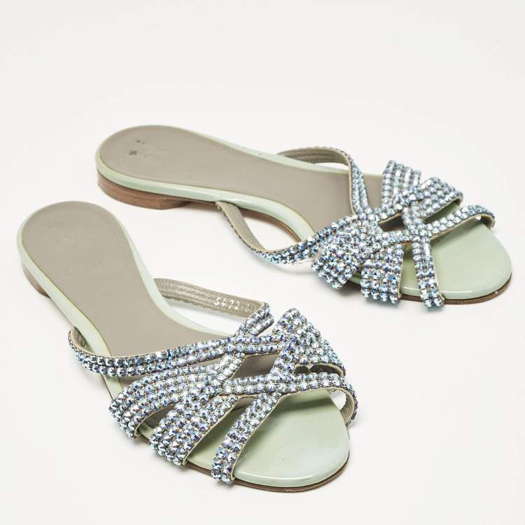 Pre Owned Gina Blue Patent Leather Crystals Flat Slides Size 38