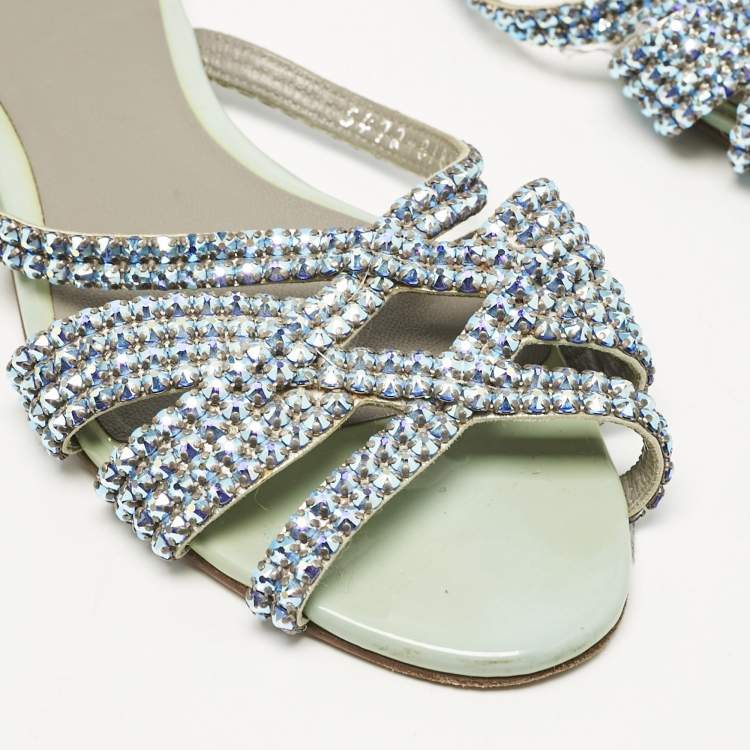 Pre Owned Gina Blue Patent Leather Crystals Flat Slides Size 38