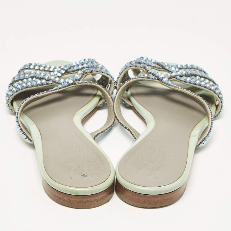 Pre Owned Gina Blue Patent Leather Crystals Flat Slides Size 38