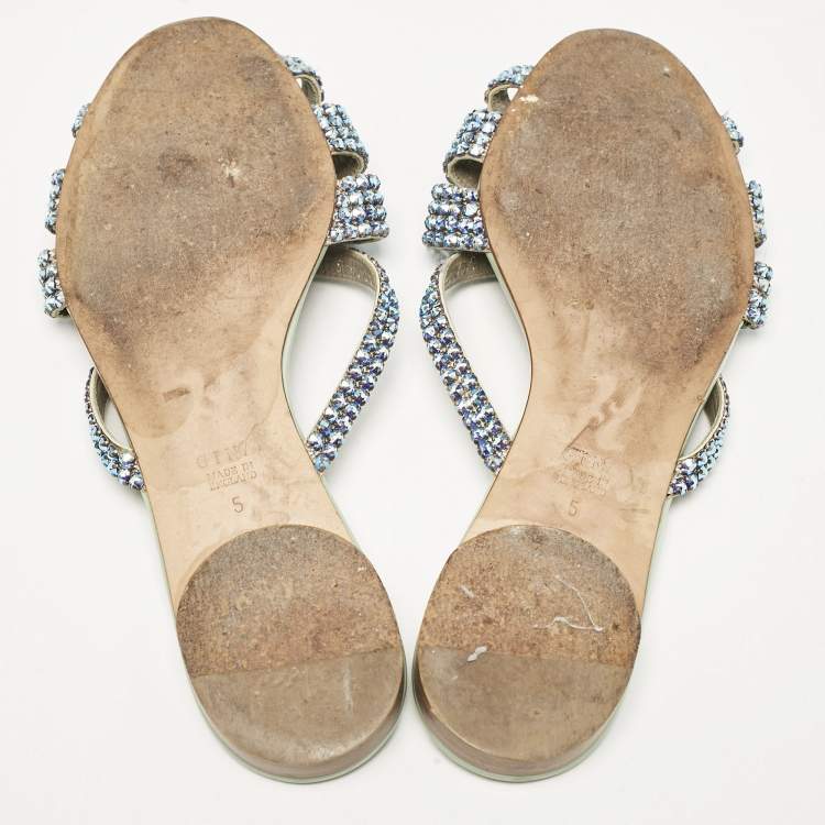 Pre Owned Gina Blue Patent Leather Crystals Flat Slides Size 38