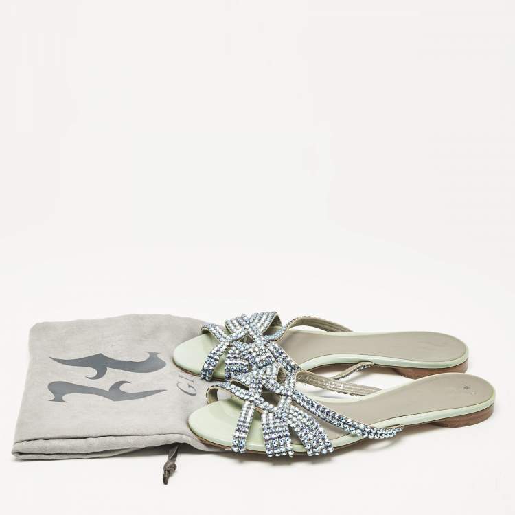 Pre Owned Gina Blue Patent Leather Crystals Flat Slides Size 38