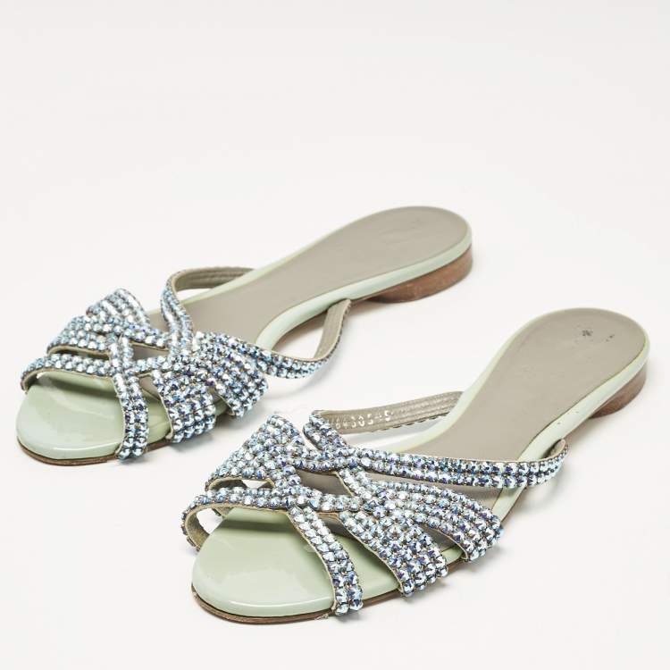 Pre Owned Gina Blue Patent Leather Crystals Flat Slides Size 38