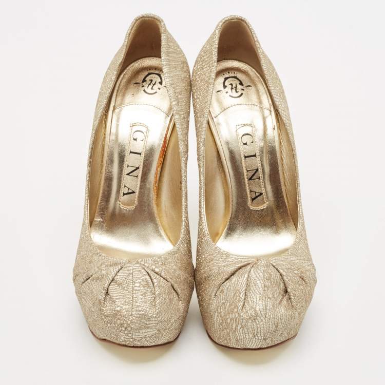 Pre Owned Gina Gold Woven Straw Claire Platform Pumps Size 36.5
