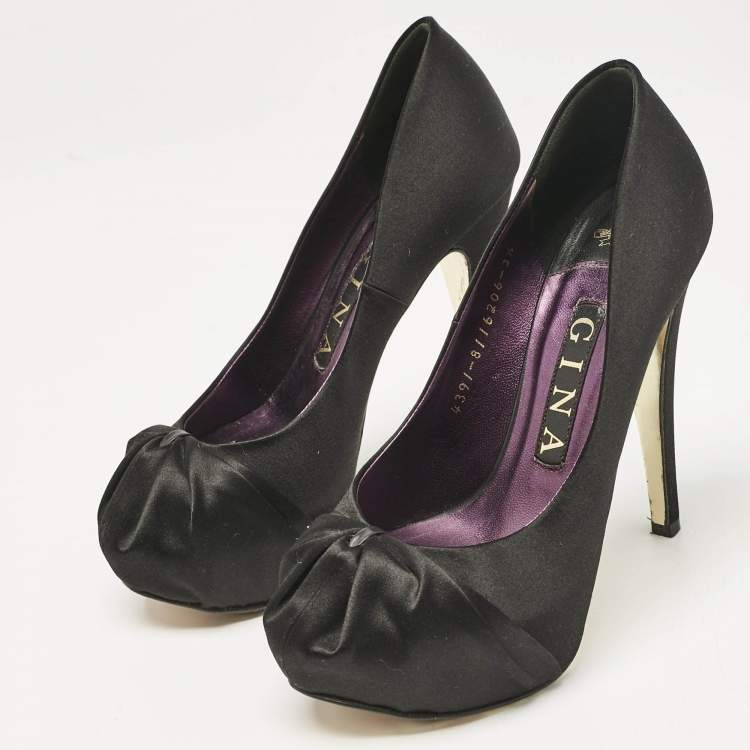 Pre Owned Gina Black Satin Clair Platform Pumps Size 36.5