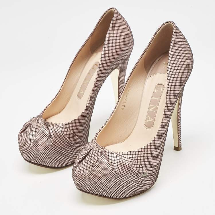 Pre Owned Gina Pink/Black Woven Straw Claire Platform Pumps Size 37