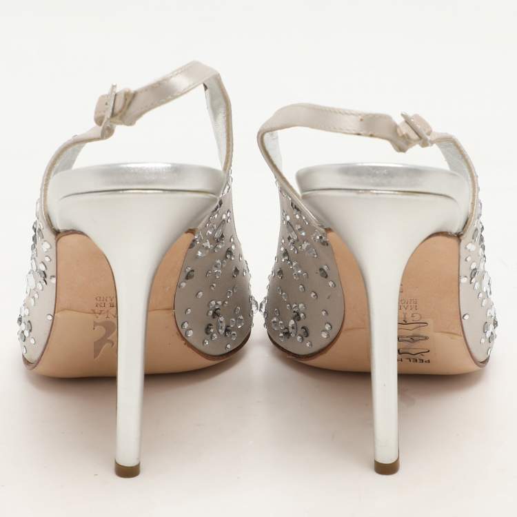 Pre Owned Gina Silver Satin Crystal Embellished Peep Toe Slingback Pumps Size 38