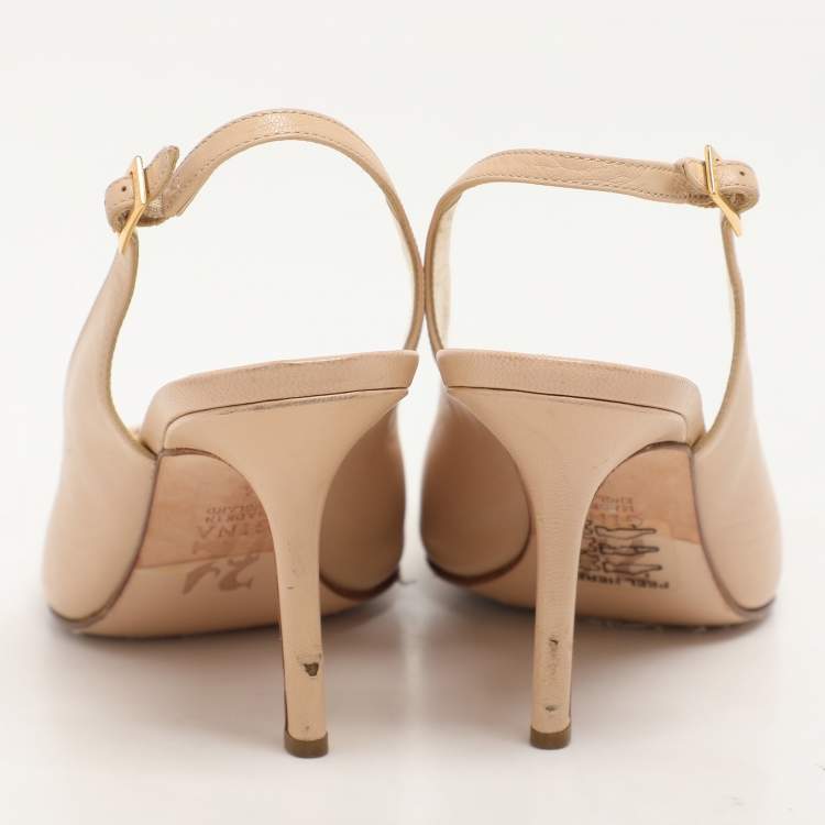 Pre Owned Gina Beige Leather Peep Toe Slingback Pumps Size 37