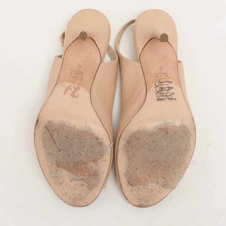 Pre Owned Gina Beige Leather Peep Toe Slingback Pumps Size 37