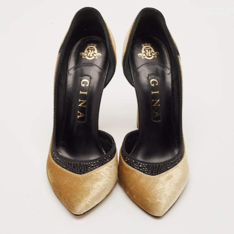 Pre Owned Gina Gold Paisley Print Velvet Crystals Embellished D'orsay Pumps Size 39