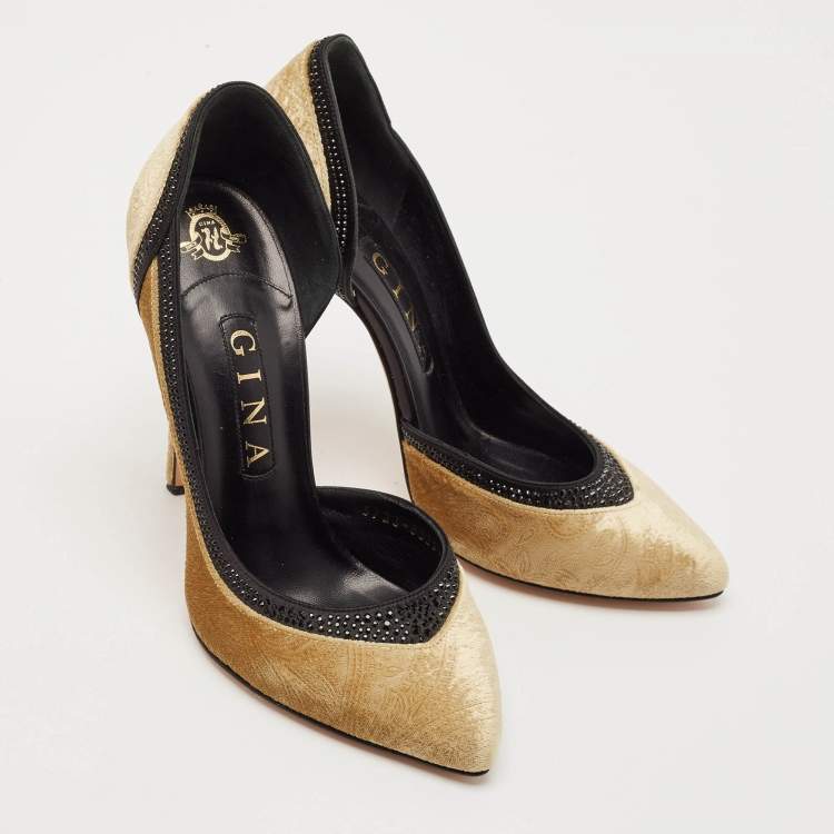 Pre Owned Gina Gold Paisley Print Velvet Crystals Embellished D'orsay Pumps Size 39