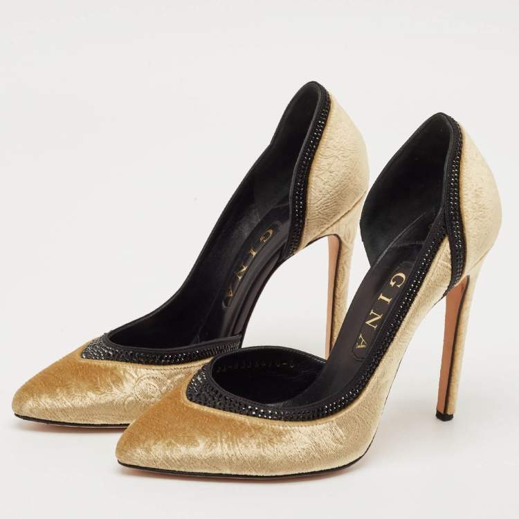 Pre Owned Gina Gold Paisley Print Velvet Crystals Embellished D'orsay Pumps Size 39