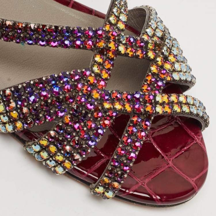 Pre Owned Gina Burgundy Leather Crystal Embellished Flat Slides Size 37