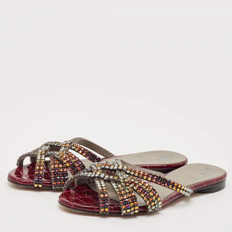 Pre Owned Gina Burgundy Leather Crystal Embellished Flat Slides Size 37