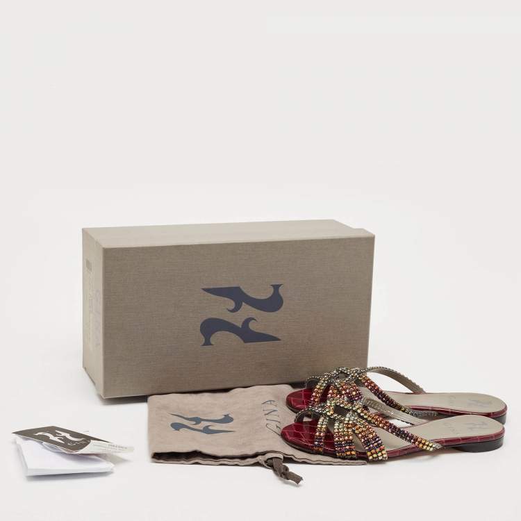 Pre Owned Gina Burgundy Leather Crystal Embellished Flat Slides Size 37