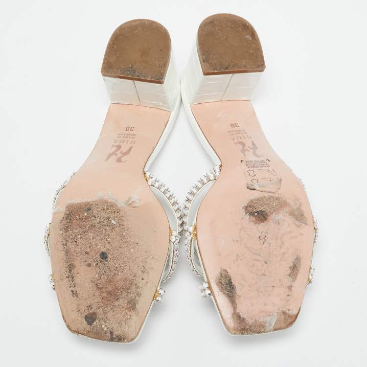 Pre Owned Gina White Croc Embossed and Leather Dexie Slide Sandals Size 38