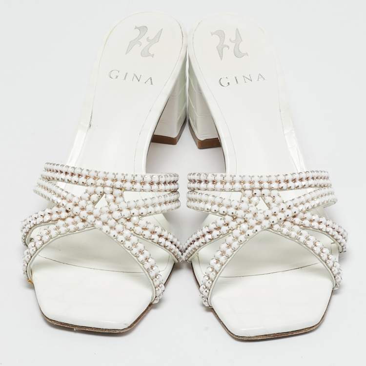 Pre Owned Gina White Croc Embossed and Leather Dexie Slide Sandals Size 38