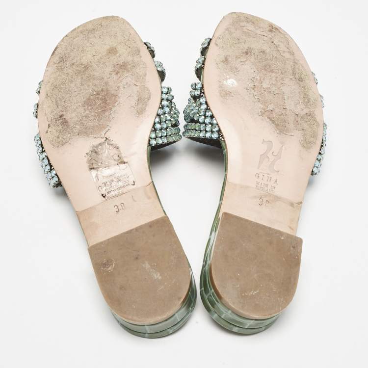 Pre Owned Gina Green Croc Embossed Patent Leather Loren Slide Flats Size 38