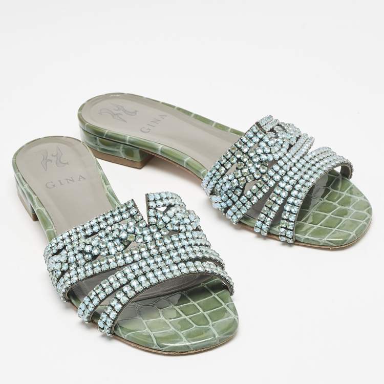 Pre Owned Gina Green Croc Embossed Patent Leather Loren Slide Flats Size 38