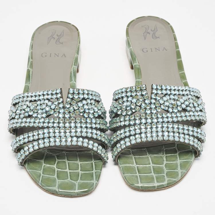 Pre Owned Gina Green Croc Embossed Patent Leather Loren Slide Flats Size 38