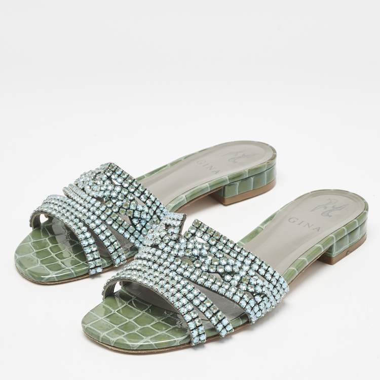 Pre Owned Gina Green Croc Embossed Patent Leather Loren Slide Flats Size 38