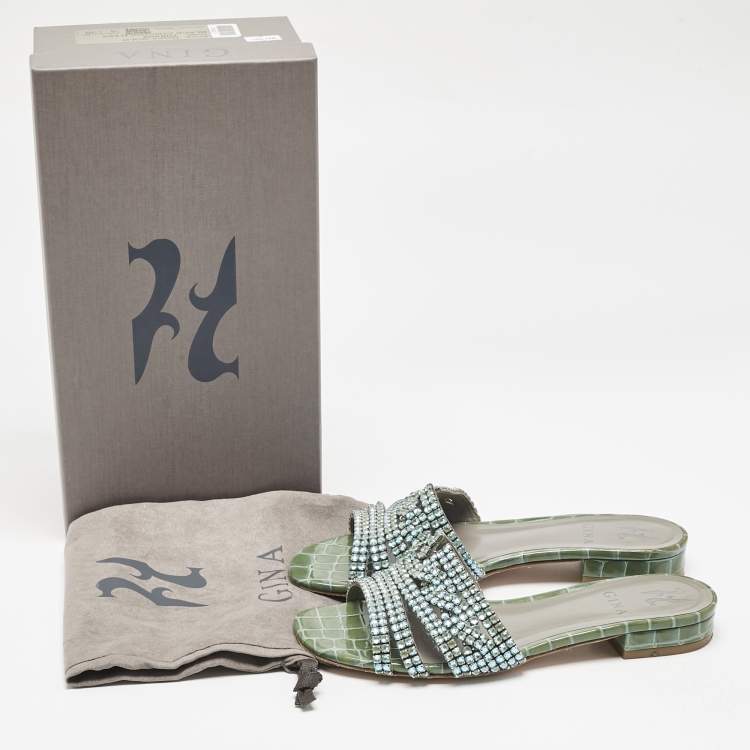 Pre Owned Gina Green Croc Embossed Patent Leather Loren Slide Flats Size 38