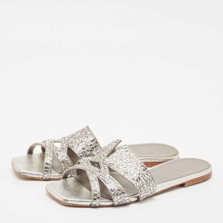 Pre Owned Gina Silver Crystal Embellished Leather Flat Slides Size 38