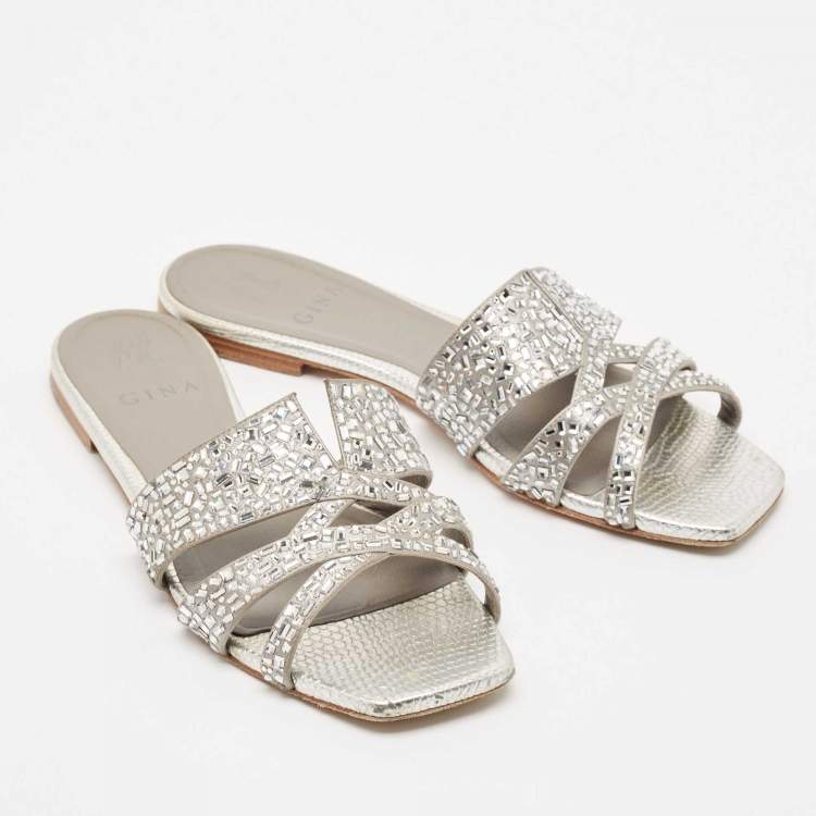 Pre Owned Gina Silver Crystal Embellished Leather Flat Slides Size 38