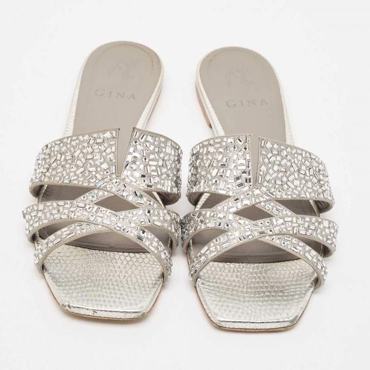 Pre Owned Gina Silver Crystal Embellished Leather Flat Slides Size 38
