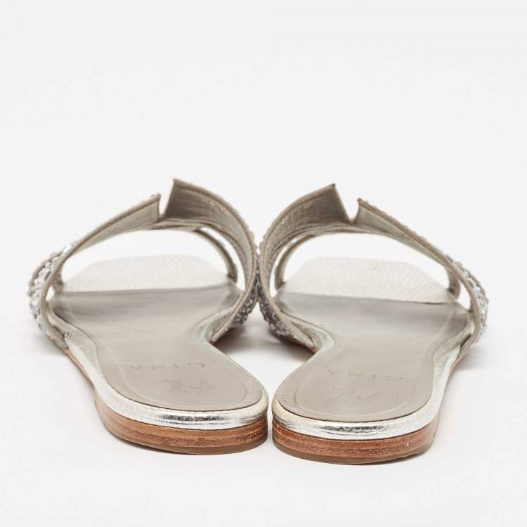 Pre Owned Gina Silver Crystal Embellished Leather Flat Slides Size 38