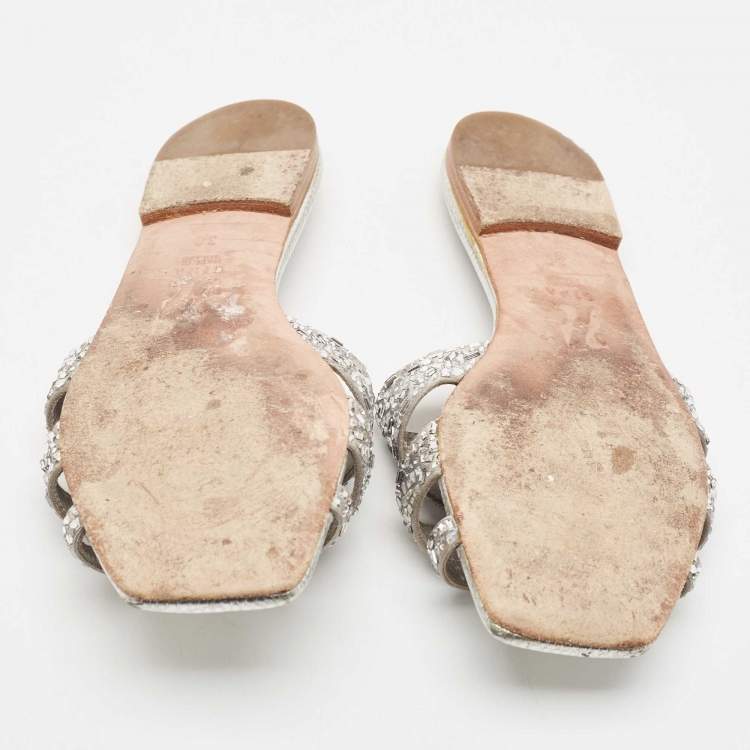 Pre Owned Gina Silver Crystal Embellished Leather Flat Slides Size 38