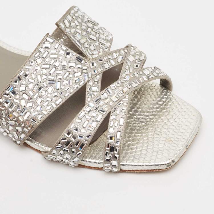 Pre Owned Gina Silver Crystal Embellished Leather Flat Slides Size 38