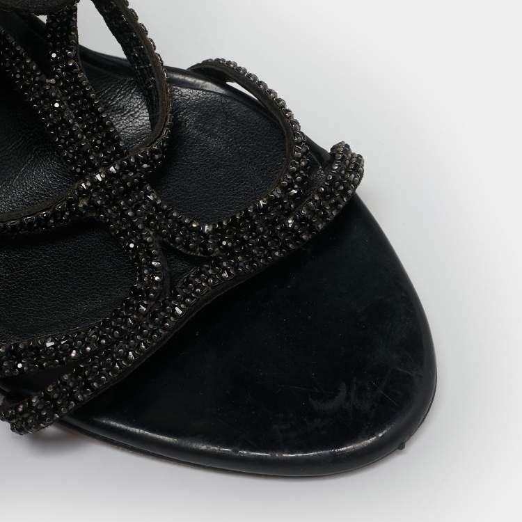 Pre Owned Gina Black Leather Crystal Embellished Ankle Strap Sandals Size 40