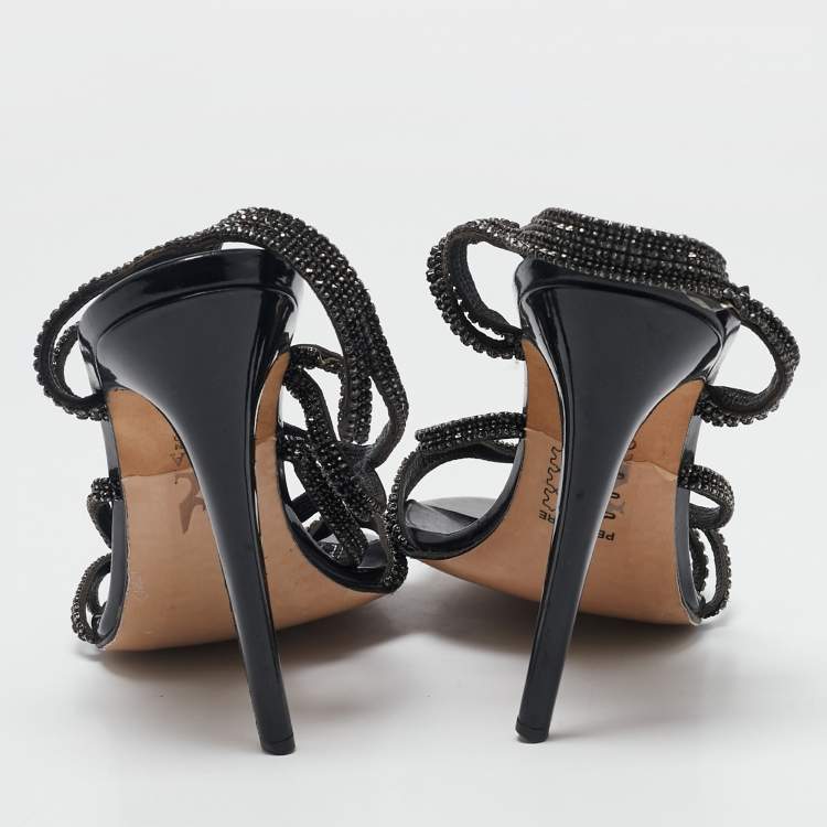 Pre Owned Gina Black Leather Crystal Embellished Ankle Strap Sandals Size 40