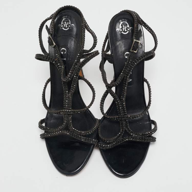 Pre Owned Gina Black Leather Crystal Embellished Ankle Strap Sandals Size 40